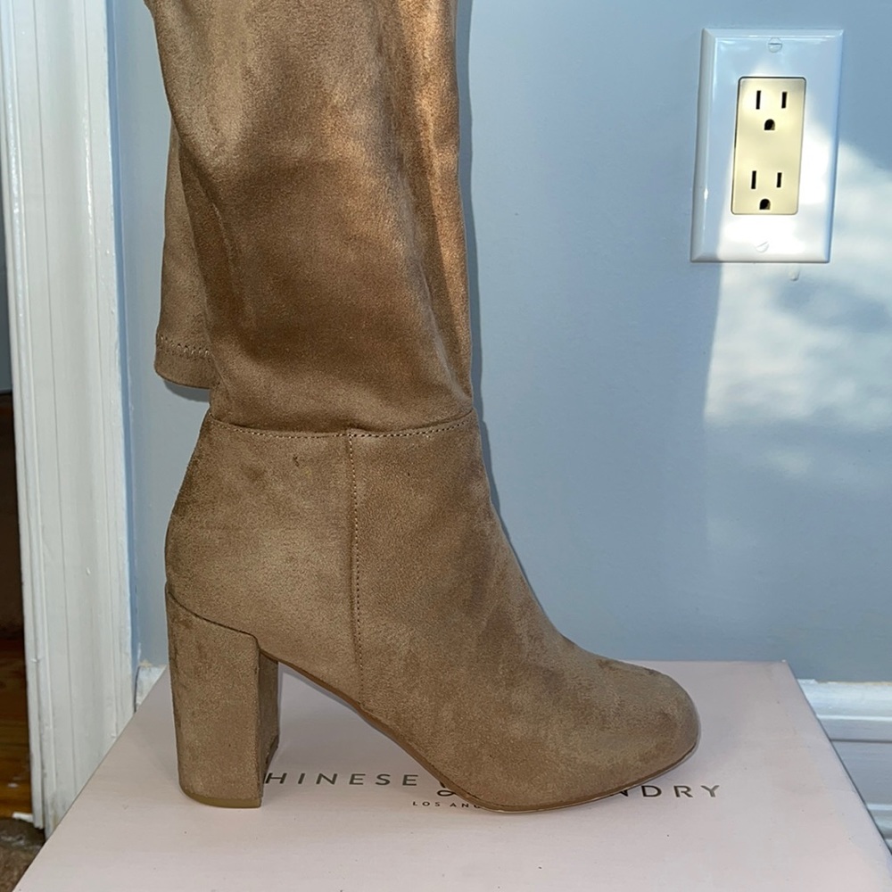 Chinese Laundry King Suedette Mink Camel lace up over the knee thigh high boots.